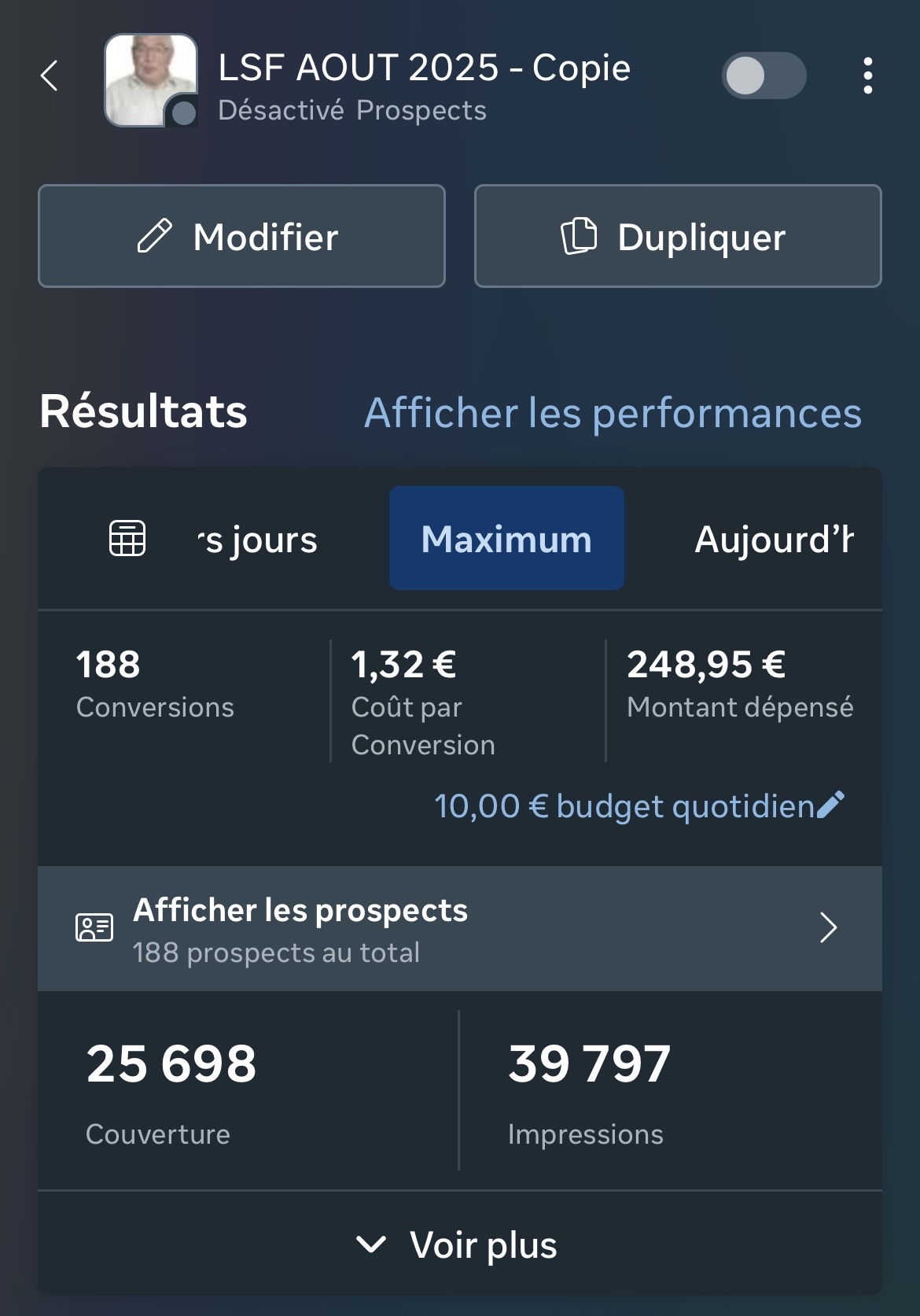 Résultats campagne Meta Ads LSF